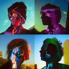 four different shots of a man with neon lights on his face and in the background is a city