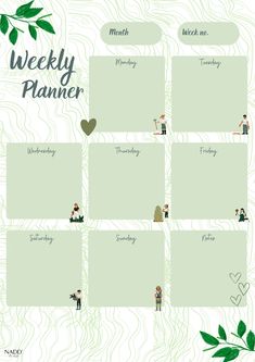 a printable weekly planner with people working on the tree branch and leaves in the background