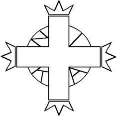 a cross with arrows around it and a crown on the top, in black and white