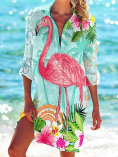 Flamingo Print Beach Shirt Dress Flamingo Print, Beach Shirt, Beach Shirts, Height And Weight, Summer Wear, Just Because, Flamingo, Bathing Suits, Shirt Dress