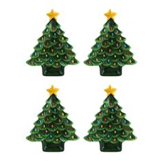 three ceramic christmas trees with lights and stars on each tree, one is green and the other is yellow