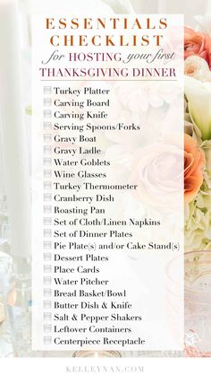 a table with flowers and candles on it that says essentials checklist for hosting your thanksgiving dinner