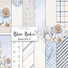 blue baby boy digital papers with teddy bears