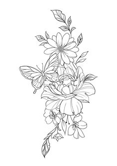 a bouquet of flowers with leaves and butterflies on the stems, drawn in black ink