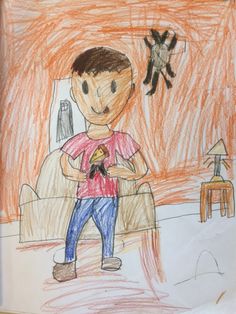 a child's drawing of a boy standing in front of a cat and bird