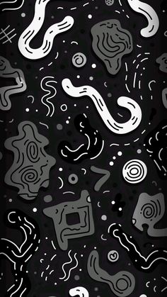 an abstract black and white pattern with swirls, dots and circles on it's surface