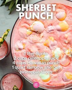 the recipe for sherbet punch is shown in two glasses with pineapple slices on top