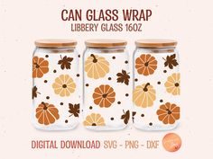 three glass jars with leaves on them and the words can glass wrap library glass 1062