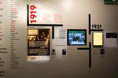 a wall with several different types of posters on it and information about the museum's history