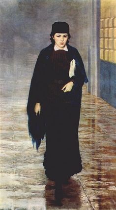 a painting of a woman walking down the street with her coat over her shoulders and hat on