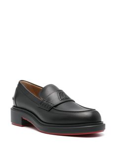 black calf leather smooth grain almond toe raised seam detail strap detailing to the top embossed logo to the front branded leather insole low block heel rubber sole signature red sole slip-on styleHeel 1,8 in / 4,5 cm Platform 1 in / 2,5 cm Louboutin Flats, Loafers For Men, Formal Loafers, Red Sole, Low Block Heels, Leather Cap, Mens Gloves, Beach Tote Bags, Embossed Logo