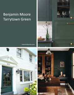 the interior of a house with green paint and white trim on the doors, windows, and cabinets