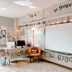 a room with a large white board in it