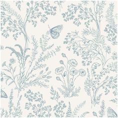 a blue and white wallpaper with flowers, plants and butterflies on it's side