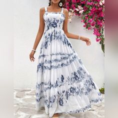 New Boho Flowy Sheer Floral Tiered Maxi Dress * Sleeveless * Wide Strap * Ruffle Trim Cami Neck * High Waist * Tiered A Line Skirt *Approximate Unstretched Measurements* Small (4) * Bust 31.5"(Up To 35.5") * Waist 28.5"(Up To 27.5") * Length 50.5" Medium (6) * Bust 33"(Up To 37") * Waist 30.25" (Up To 29") * Length 50.75" Large (8/10) * Bust 35.5"(Up To 39.5") * Waist 32.75" (Up To 31.5") * Length 51.25" Xl (12) * Bust 37.75" (Up To 41.75") * Waist 35"(Up To 34") * Length 51.5" On Order* Will Sh Cottage Core Blouse, Velvet Shirt Dress, Flowy Sundress, Aesthetic Party, Button Front Maxi Dress, Maxi Dress Sleeveless, Maxi Dress White, Sleeveless Sweater Dress, Sequin Formal Dress