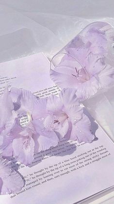 some flowers are laying on top of an open book