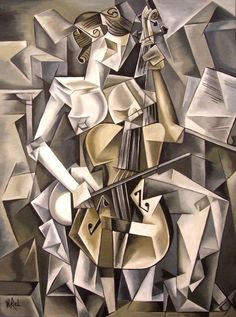 a painting of a violin player in grey and white colors with abstract shapes around it