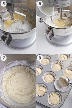 four pictures showing how to make cupcake batter