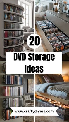 there are many dvd storage ideas in this room