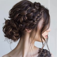 Add glamour to your hair with these braided updo hairstyles. Perfect for special events and nights out. Save this pin for glamorous hair ideas! #Braids #Updo #GlamorousStyles Wedding Braid Brunette, Braided Hair Updo Wedding, Braided Updo With Headband, Half Updo Braid Wedding, Bride Braid Updo, Wedding Updos For Brunettes, Updos For Family Pictures, Long Brunette Bridesmaid Hair, Braided Bun Bridal Hair