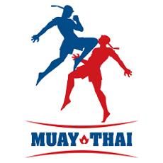 two people are playing soccer on the logo for muay and thai football leagues