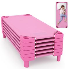 a stack of pink children's beds with pictures on the sides and bottom, sitting next to each other