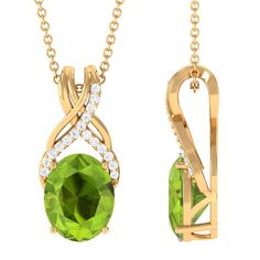 Designer Oval Peridot Solitaire Pendant with Diamond Twisted Bail Peridot - ( AAA ) - Quality - Rosec Jewels Color Stone Pendant, Peridot Jewelry, Peridot Pendant, Peridot Necklace, August Birthstone, Solitaire Pendant, August Birth Stone, Center Stage, So Beautiful