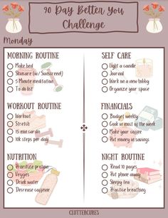 Want to start a 90-day challenge to become a better version of yourself but don't know where to start? Use this daily checklist to keep track of tasks that will help you become the fittest, healthiest, and best version of yourself. From morning and night routine tracking, to workout routines, nutrition, and self-care, this checklist will make you feel your best within 90 days. Daily Routine Journal, Workout Checklist, 90 Days Challenge, Routine Matin, 5 Minute Meditation, Daily Routine Planner, Self Care Checklist, Morning Routine Checklist, Week Schedule