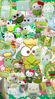 many different kinds of stuffed animals are arranged in the shape of a collage on a green background