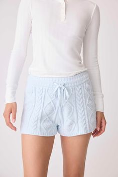 Women's cable texture sweater short in light blue knit. Rib waistband with tie. Blue Pjs, Sweater Shorts, Eileen West, Classic Pajamas, Blue Air, Textured Sweater, Fishnet Tights, Henley Top, Sleepwear & Loungewear