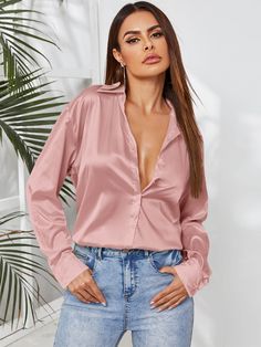 Pink Blouses Outfit, Silk Shirt Outfit, Pink Shirt Outfit, Pink Satin Top, Satin Button Up, Hem Blouse