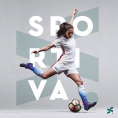 a woman kicking a soccer ball in front of a gray background with the words spo ri va on it