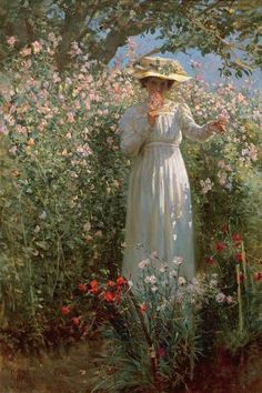 a painting of a woman in a white dress and straw hat standing next to flowers