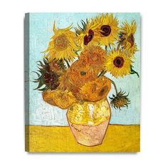 a painting of sunflowers in a vase on a table