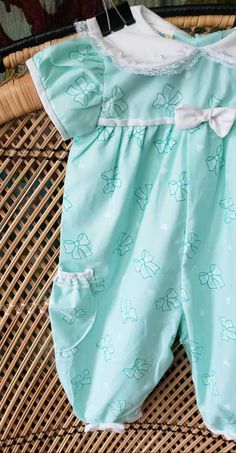 80s Bows & Hearts Seafoam Baby Jumpsuit by Mayfair - Etsy Cute Green Onesie For Spring, Fitted Green Bubble Romper For Play, Playful Fitted Green Bubble Romper, Cute Green Cotton Jumpsuits And Rompers, Cute Fitted Green Onesie, Fitted Summer Jumpsuits And Rompers With Bow, Green Spring Playtime Jumpsuits And Rompers, Cute Green Jumpsuits And Rompers For Spring, Green Short Sleeve Bubble Romper For Spring