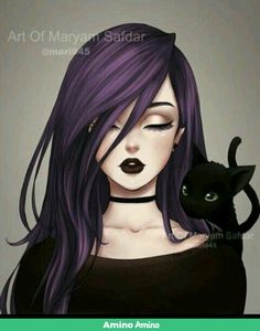 a woman with purple hair holding a black cat