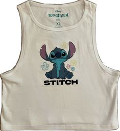 a white tank top with stitch on the front and an image of stitch in black