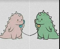 two cartoon dinosaurs one is talking on the phone and the other is holding a cord