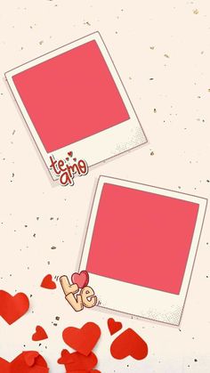 two pink polaroid frames with hearts scattered around them and the words love are spelled in red