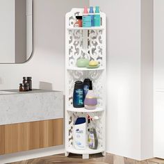 a bathroom shelf filled with personal care products