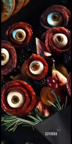 an assortment of food with eyes on it