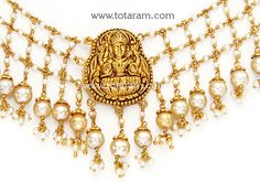 22 Karat Gold 'Lakshmi' Necklace with Pearls 
   - 235-GN2208 - in 44.350 Grams for USD $2407.63. 
Made in India by Totaram Jewelers Online this product is in Gold - 22 Karat BIS Hallmark 916 KDM Gold  & is an excellent gift for Adult - Women. Ships fully insured with secured guaranteed delivery for free with your order over $250 from New Jersey USA & comes with 30 days exchange policy. Necklace With Pearls, Gifts For Adults, 22k Gold, New Jersey, Gold Necklace, Charm Bracelet, For Free, Gold, Gifts