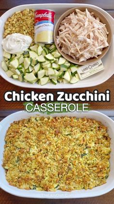 chicken zucchini casserole is shown in two separate dishes, with the same side dish