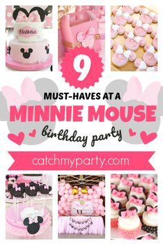 minnie mouse birthday party with cupcakes and cake toppers, including pink and white decorations