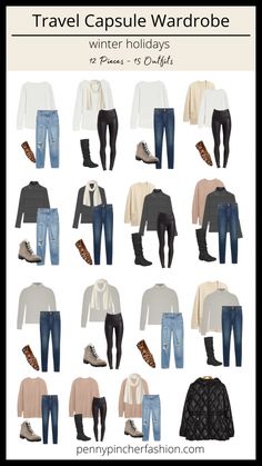 3 Week Capsule Wardrobe Winter, Cold Weather Capsule Wardrobe Packing Light, Winter Weekend Capsule Wardrobe, Winter Travel Outfit Ideas, 12 Items 20 Outfits, Travel Capsules Fall, Cool Weather Travel Capsule, Paris Winter Travel Capsule, Winter Travel Capsule Wardrobe New York