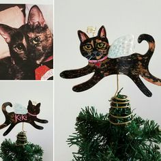 there are three pictures of cats hanging from the top of a christmas tree, and one has a cat ornament on it