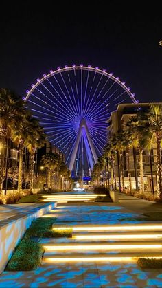 an illuminated ferris wheel in the middle of a park with steps leading up to it