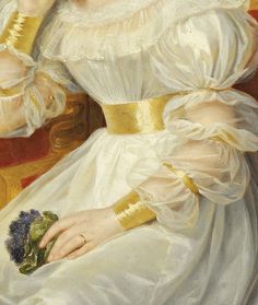 a painting of a woman wearing a white dress and holding a flower in her right hand