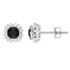 1.75 CT Black Onyx and Diamond Classic Halo Stud Earrings - Rosec Jewels Black Prong Setting Earrings Fine Jewelry, Black Prong Set Fine Earrings, Black Earrings With Prong Setting In Fine Jewelry, Black Halo Jewelry For Anniversary, Black Halo Design Jewelry Gift, Black Round Diamond Earrings For Anniversary, Black Round Diamond Earrings, Black Round Wedding Earrings, Black Round Earrings For Wedding