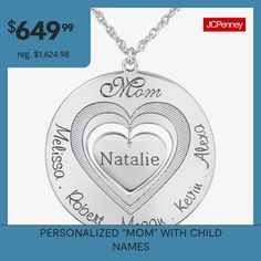 Show Mom that she is at the heart of your family with this lovely pendant. Mom's name is engraved on the heart in the center of the pendant, surrounded with up to four children's names.Closure: Spring-ringPendant Size: 30mmPersonalization: Up to 5 names (including mom) with 7-character max. for each name. Line 1: Mom's name. Lines 2-5: Enter child's name left to right.Features: Family Jewelry, Personalized, Mom Jewelry, EngraveableShape: Heart, RoundMetal Color: WhiteChain Length: 18 InchChain … Personalized Mom Jewelry, Child Names, Family Jewelry, Family Jewellery, Jewelry Personalized, Mom Jewelry, Necklace White, Heart Pendant Necklace, Kid Names